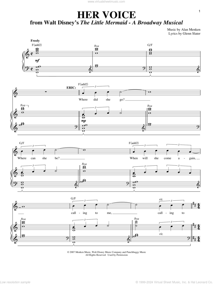 Her Voice sheet music for voice and piano by Alan Menken and Glenn Slater, intermediate skill level