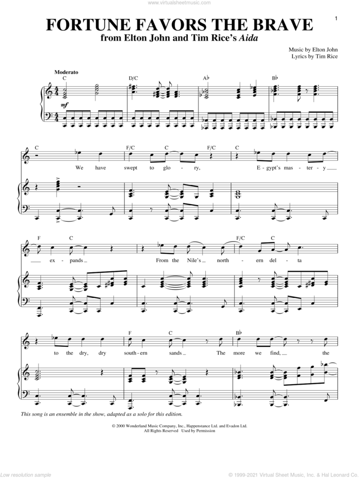 Fortune Favors The Brave sheet music for voice and piano by Elton John, Richard Walters and Tim Rice, intermediate skill level