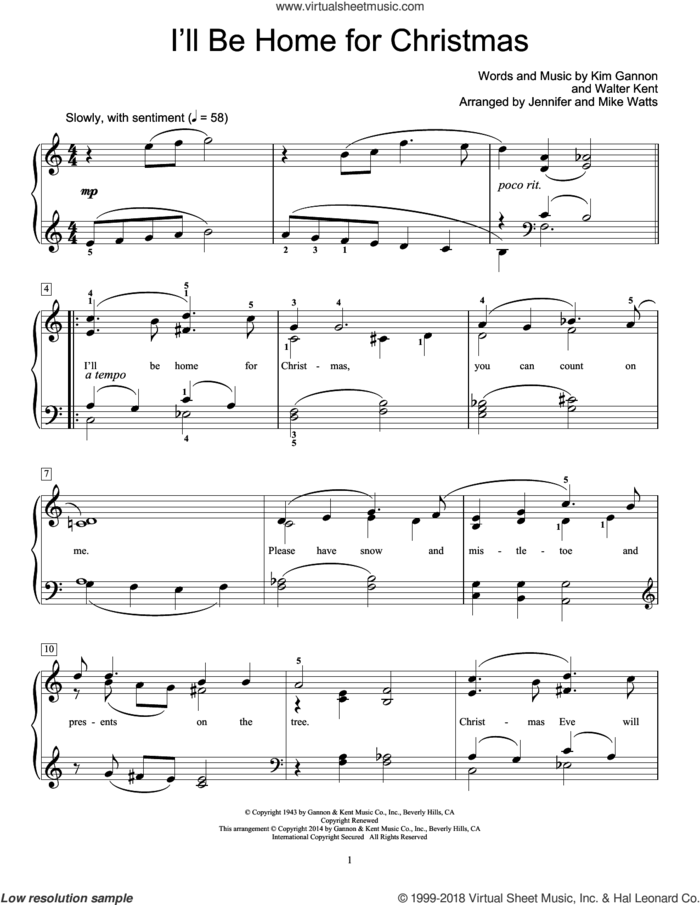I'll Be Home For Christmas sheet music for piano solo (elementary) by Kim Gannon, Jennifer and Mike Watts, Jennifer Watts, Mike Watts, Bing Crosby and Walter Kent, beginner piano (elementary)