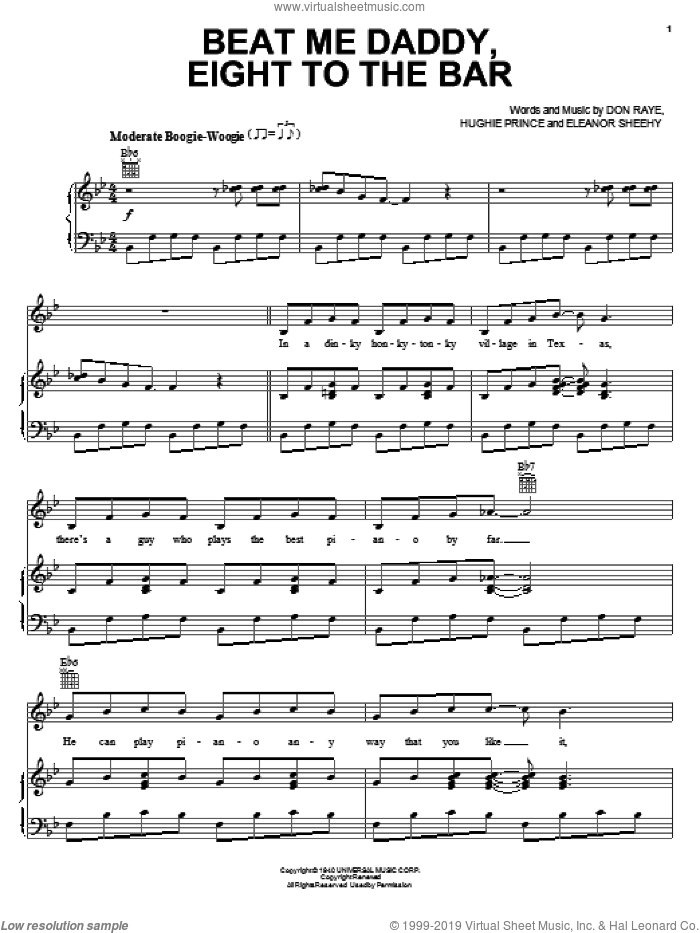 Beat Me Daddy, Eight To The Bar sheet music for voice, piano or guitar by Sisters, Andrews, Commander Cody, The Andrews Sisters, Don Raye, Eleanor Sheehy and Hughie Prince, intermediate skill level
