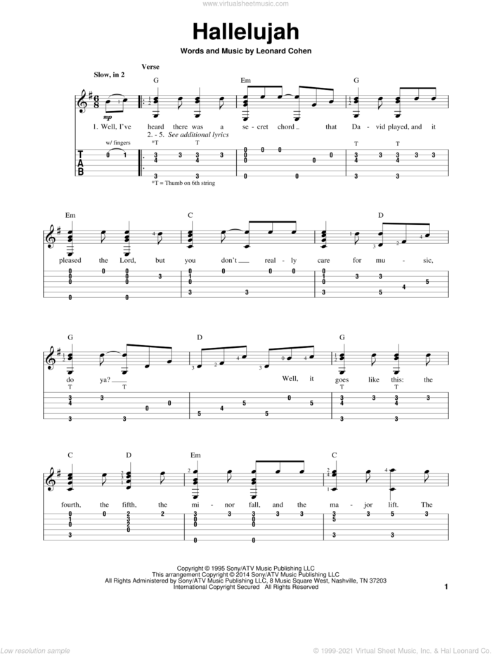 Hallelujah sheet music for guitar solo (easy tablature) by Leonard Cohen, Justin Timberlake & Matt Morris featuring Charlie Sexton and Lee DeWyze, easy guitar (easy tablature)