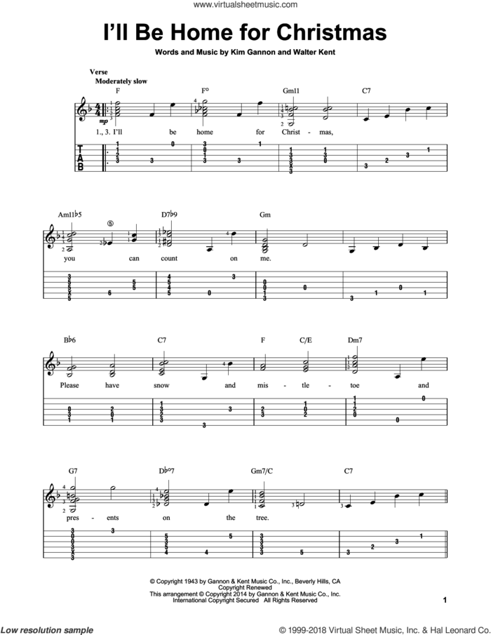 I'll Be Home For Christmas sheet music for guitar solo (easy tablature) by Bing Crosby, Kim Gannon and Walter Kent, easy guitar (easy tablature)