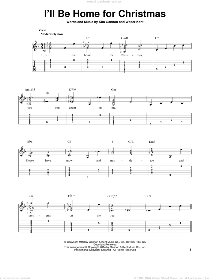 I'll Be Home For Christmas sheet music for guitar solo (easy tablature) by Bing Crosby, Kim Gannon and Walter Kent, easy guitar (easy tablature)