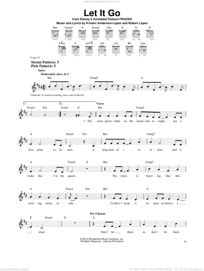 Let It Go (from Frozen) sheet music for guitar solo (chords) by Idina Menzel, Kristen Anderson-Lopez and Robert Lopez, easy guitar (chords)