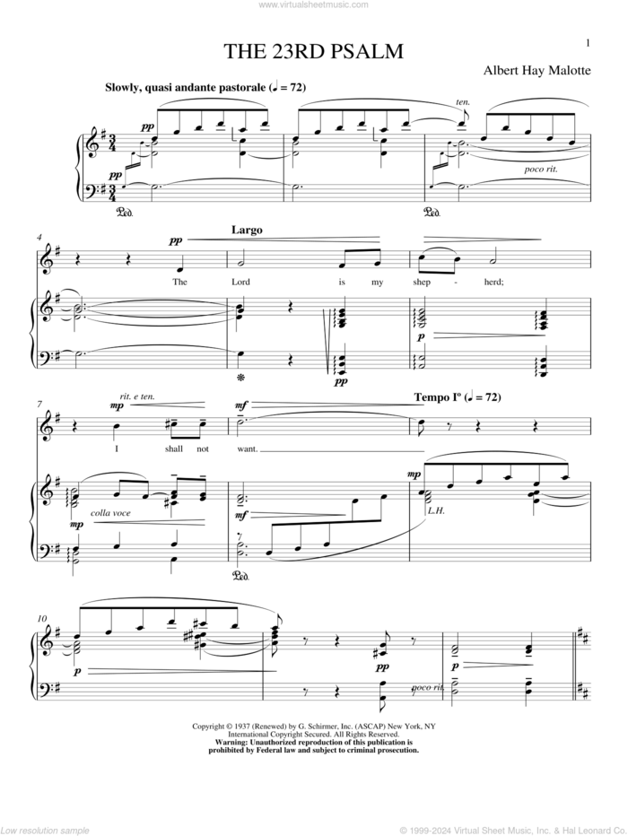 The 23rd Psalm sheet music for voice and piano (High Voice) by Albert H. Malotte, intermediate skill level