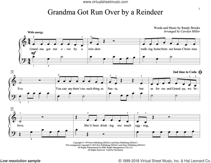 Grandma Got Run Over By A Reindeer sheet music for piano solo (elementary) by John Thompson, Carolyn Miller and Randy Brooks, beginner piano (elementary)