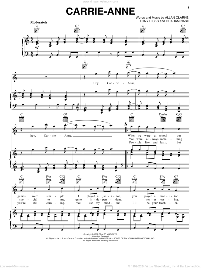 Carrie-Anne sheet music for voice, piano or guitar by The Hollies, Allan Clarke, Graham Nash and Tony Hicks, intermediate skill level