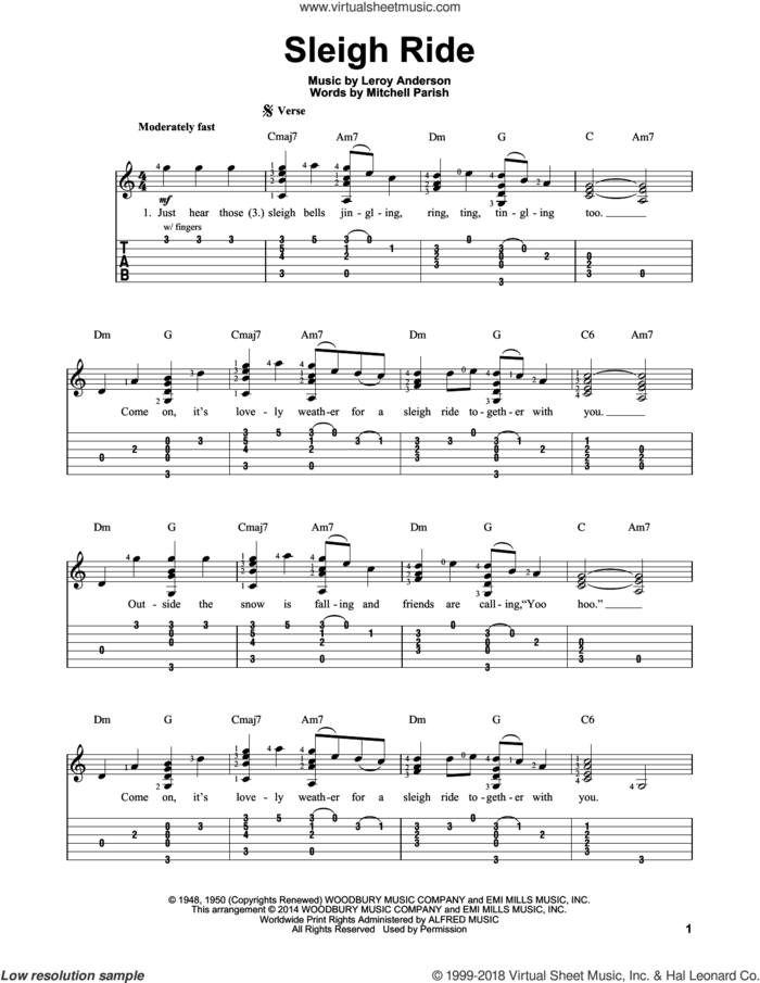 Sleigh Ride sheet music for guitar solo (easy tablature) by Mitchell Parish and Leroy Anderson, easy guitar (easy tablature)