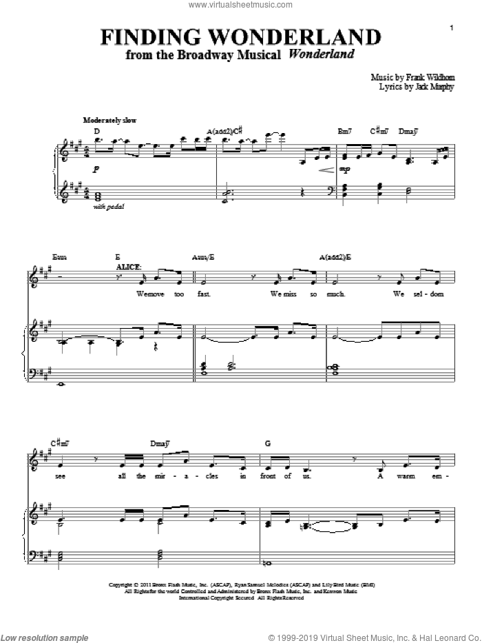 Finding Wonderland sheet music for voice and piano by Frank Wildhorn and Jack Murphy, intermediate skill level