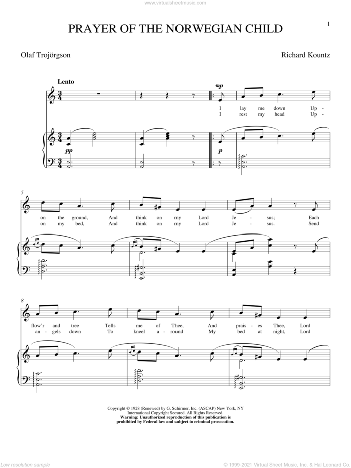 Prayer Of The Norwegian Child sheet music for voice and piano (High Voice) by Richard Kountz and Olaf Trojargson, intermediate skill level