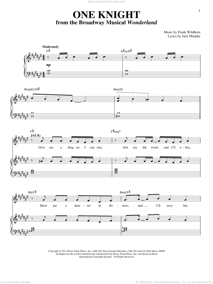 One Knight sheet music for voice and piano by Frank Wildhorn and Jack Murphy, intermediate skill level