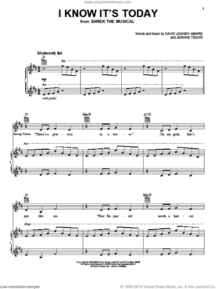 I Know It's Today sheet music for voice, piano or guitar by David Lindsay-Abaire and Jeanine Tesori, intermediate skill level