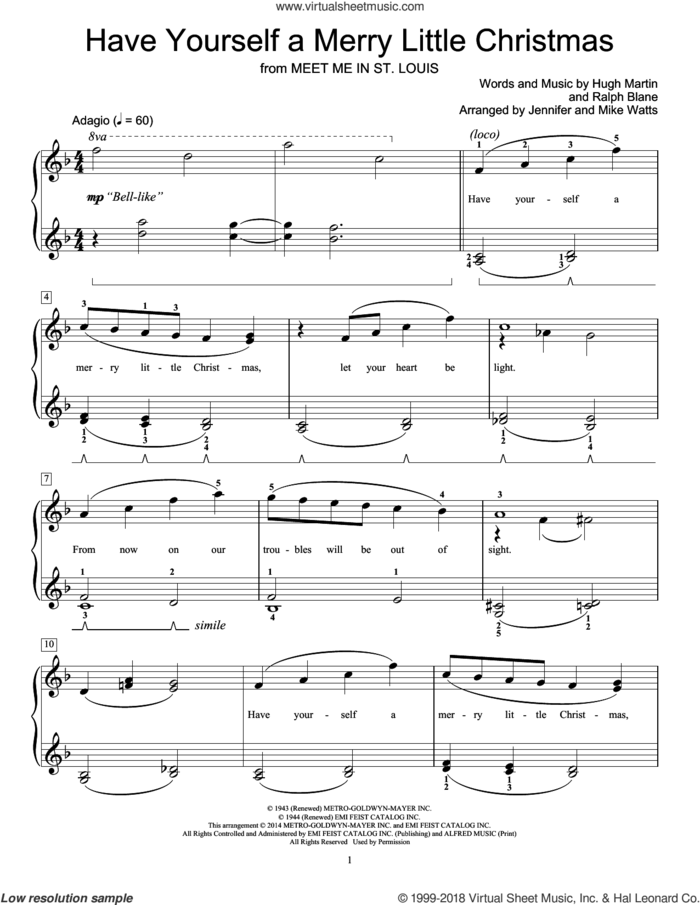 Have Yourself A Merry Little Christmas sheet music for piano solo (elementary) by Hugh Martin, Jennifer and Mike Watts, Jennifer Watts, Mike Watts and Ralph Blane, beginner piano (elementary)