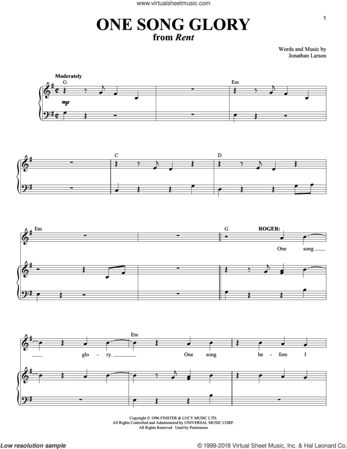 One Song Glory (from Rent) sheet music for voice and piano by Jonathan Larson and Richard Walters, intermediate skill level