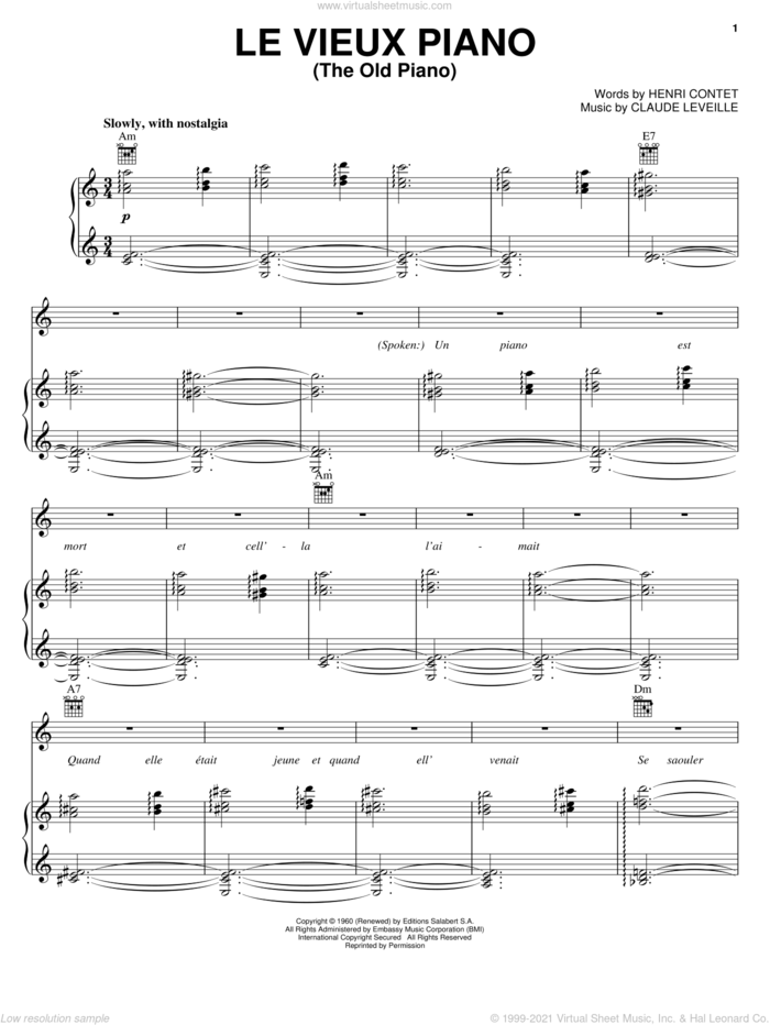 Le Vieux Piano (The Old Piano) sheet music for voice, piano or guitar by Edith Piaf, Claude Leveille and Henri Contet, intermediate skill level