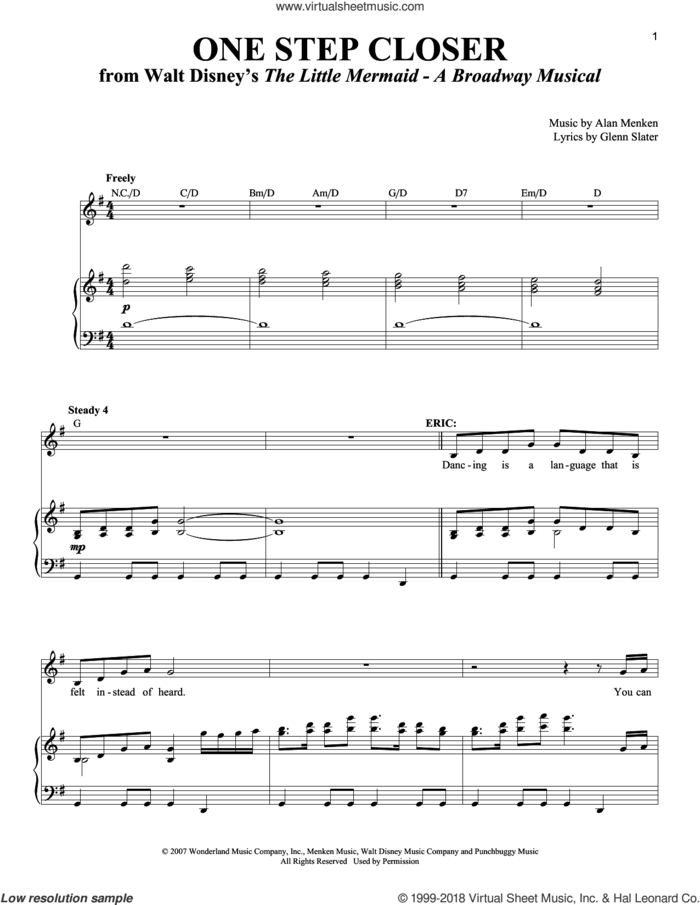 One Step Closer sheet music for voice and piano by Alan Menken and Glenn Slater, intermediate skill level