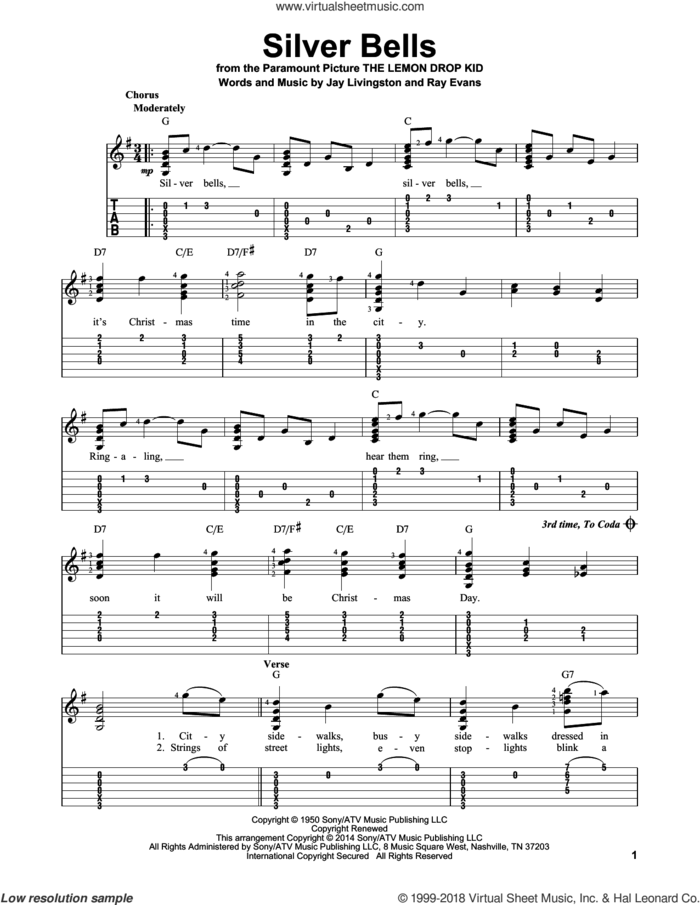 Silver Bells sheet music for guitar solo (easy tablature) by Jay Livingston and Ray Evans, easy guitar (easy tablature)