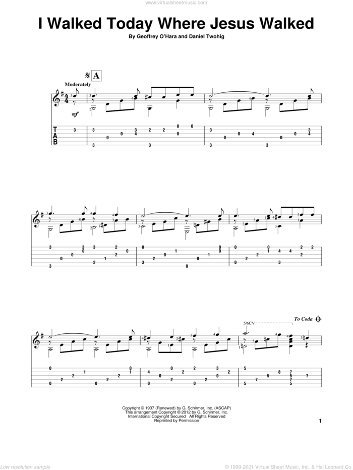 I Walked Today Where Jesus Walked sheet music for guitar solo by Daniel Twohig, intermediate skill level