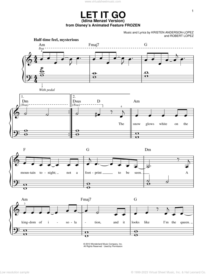 Let It Go (from Frozen), (beginner) sheet music for piano solo by Idina Menzel, Kristen Anderson-Lopez and Robert Lopez, beginner skill level