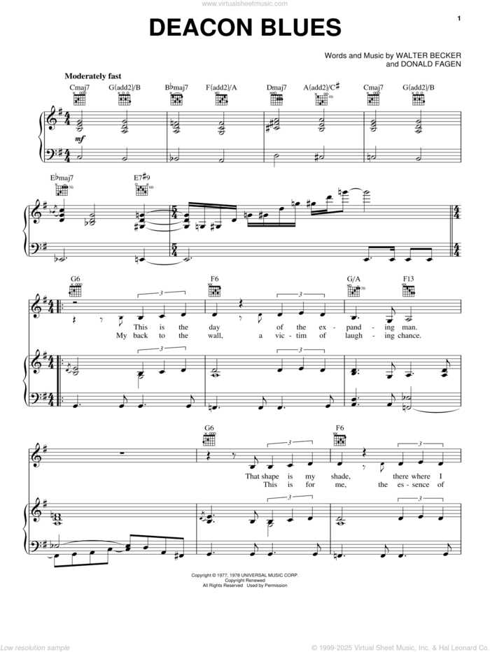 Deacon Blues sheet music for voice, piano or guitar by Steely Dan, Donald Fagen and Walter Becker, intermediate skill level