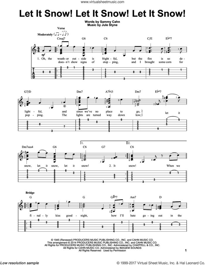 Let It Snow! Let It Snow! Let It Snow! sheet music for guitar solo (easy tablature) by Sammy Cahn and Jule Styne, easy guitar (easy tablature)