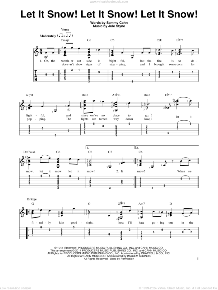 Let It Snow! Let It Snow! Let It Snow! sheet music for guitar solo (easy tablature) by Sammy Cahn and Jule Styne, easy guitar (easy tablature)