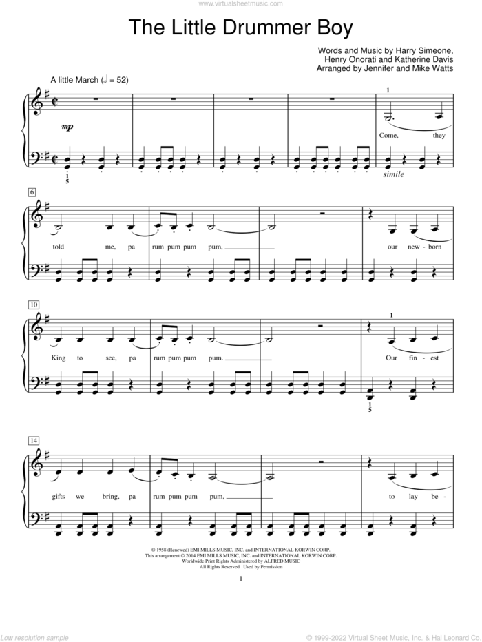 The Little Drummer Boy sheet music for piano solo (elementary) by Katherine Davis, Jennifer and Mike Watts, Jennifer Watts and Mike Watts, beginner piano (elementary)