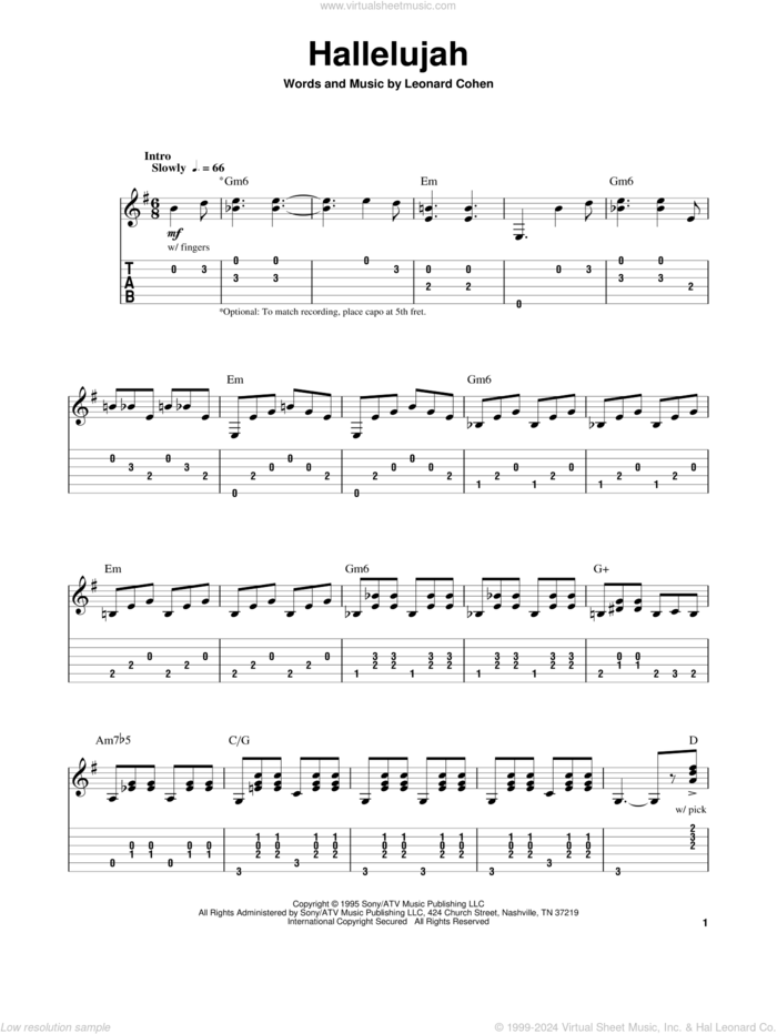 Hallelujah, (intermediate) sheet music for guitar solo by Leonard Cohen, Justin Timberlake & Matt Morris featuring Charlie Sexton and Lee DeWyze, intermediate skill level