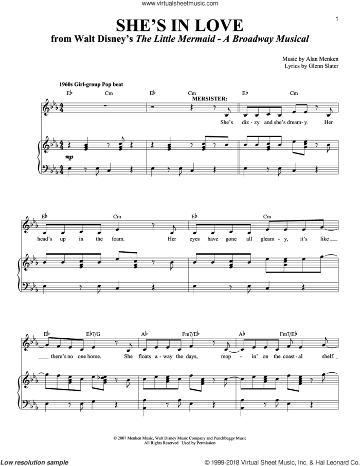 She's In Love sheet music for voice and piano by Alan Menken and Glenn Slater, intermediate skill level