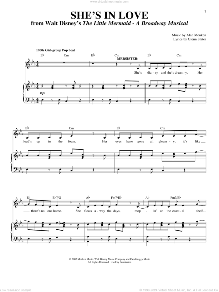 She's In Love sheet music for voice and piano by Alan Menken and Glenn Slater, intermediate skill level