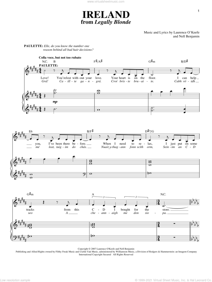 Ireland sheet music for voice and piano by Nell Benjamin, intermediate skill level