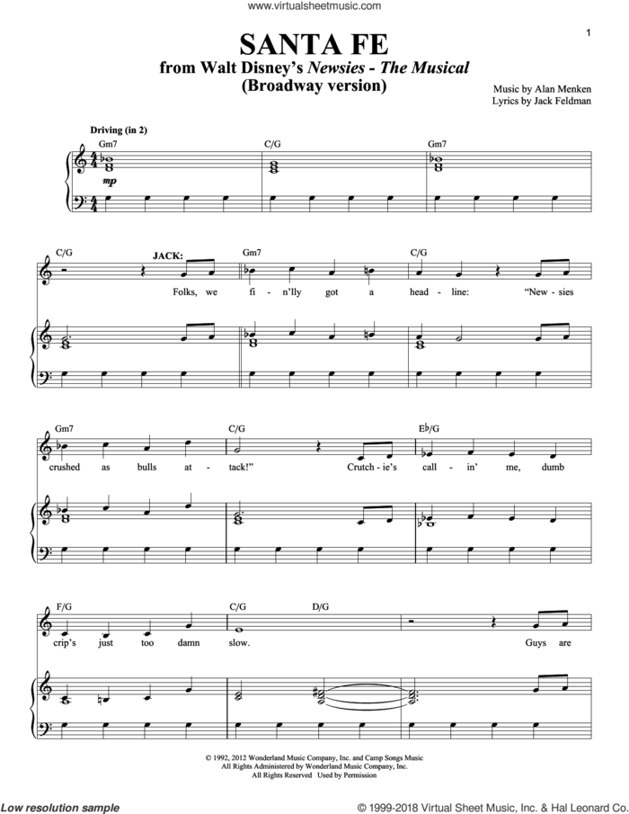 Santa Fe sheet music for voice and piano by Alan Menken and Jack Feldman, intermediate skill level