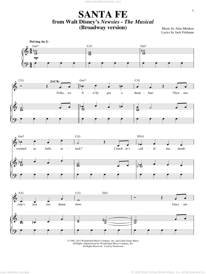 Santa Fe sheet music for voice and piano by Alan Menken and Jack Feldman, intermediate skill level