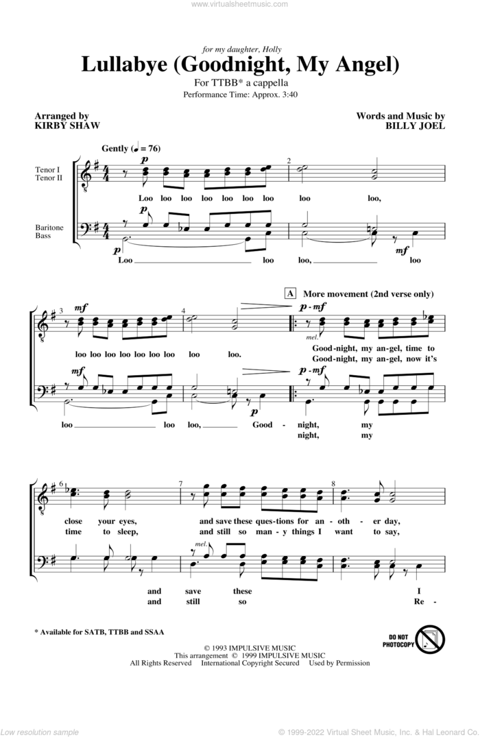 Lullabye (Goodnight, My Angel) (arr. Kirby Shaw) sheet music for choir (TTBB: tenor, bass) by Billy Joel and Kirby Shaw, intermediate skill level