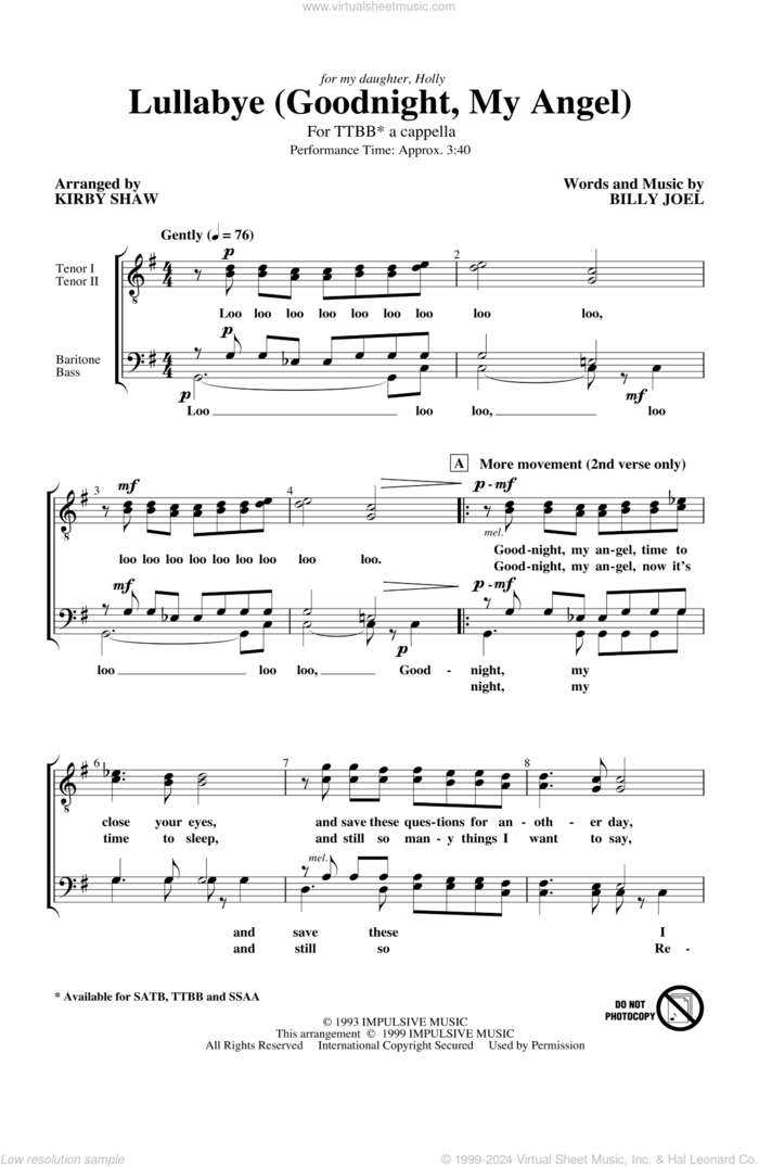 Lullabye (Goodnight, My Angel) (arr. Kirby Shaw) sheet music for choir (TTBB: tenor, bass) by Billy Joel and Kirby Shaw, intermediate skill level