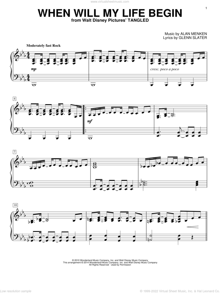 When Will My Life Begin? (from Disney's Tangled) sheet music for piano solo by Alan Menken, Mandy Moore and Glenn Slater, intermediate skill level