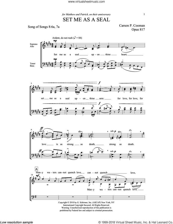 Set Me As a Seal sheet music for choir (SATB: soprano, alto, tenor, bass) by Carson Cooman, Judith Clurman and Song Of Solomon, intermediate skill level
