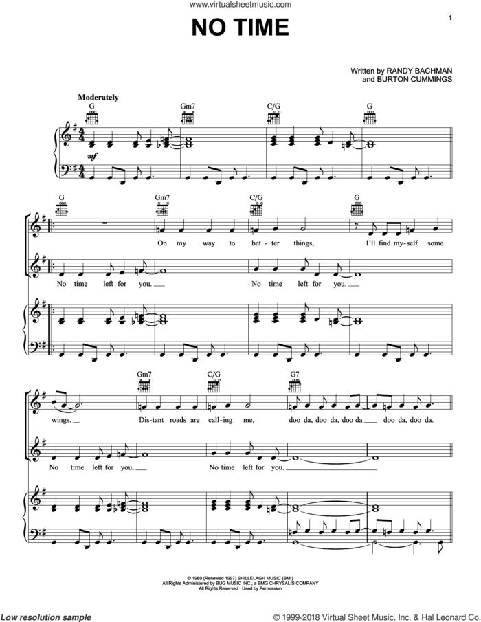 No Time sheet music for voice, piano or guitar by The Guess Who, Burton Cummings and Randy Bachman, intermediate skill level