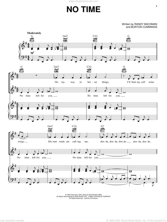 No Time sheet music for voice, piano or guitar by The Guess Who, Burton Cummings and Randy Bachman, intermediate skill level