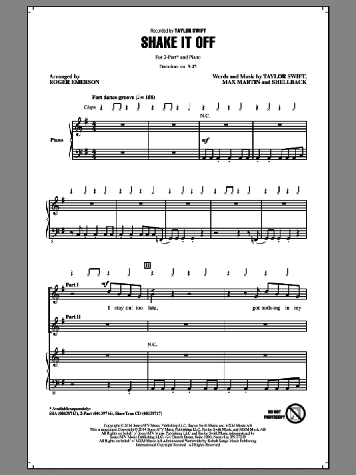 Shake It Off (arr. Roger Emerson) sheet music for choir (2-Part) by Taylor Swift, Roger Emerson, Johan Schuster, Max Martin and Shellback, intermediate duet