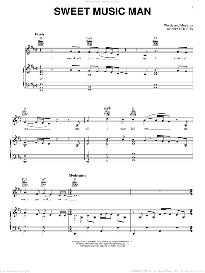Sweet Music Man sheet music for voice, piano or guitar by Kenny Rogers and Reba, intermediate skill level