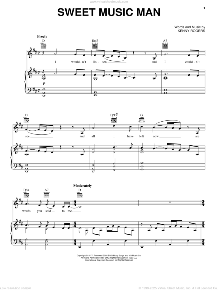 Sweet Music Man sheet music for voice, piano or guitar by Kenny Rogers and Reba, intermediate skill level