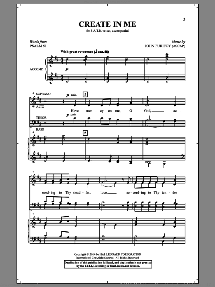 Create In Me sheet music for choir (SATB: soprano, alto, tenor, bass) by John Purifoy, intermediate skill level