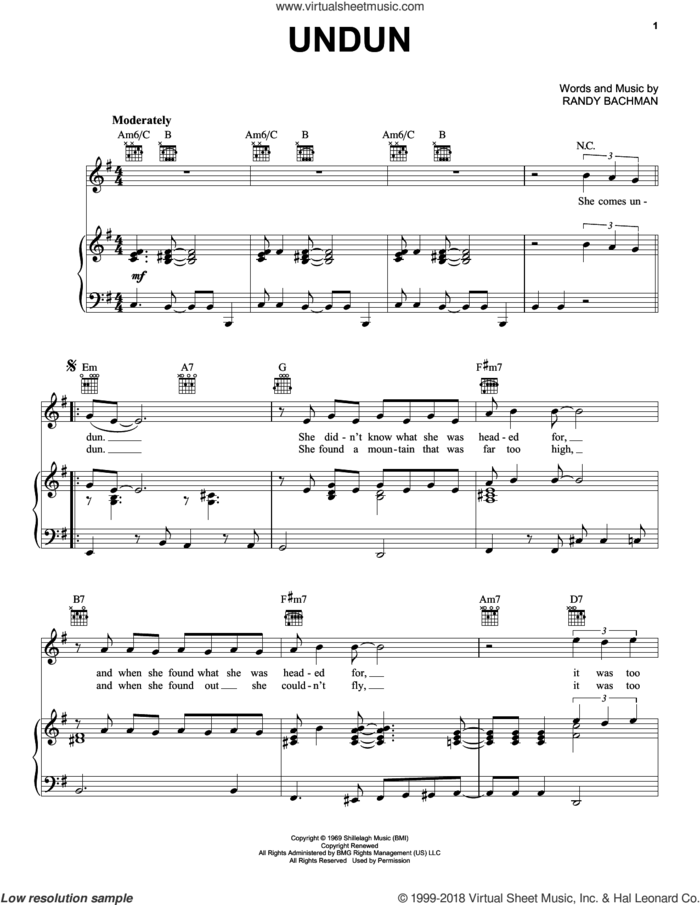 Undun sheet music for voice, piano or guitar by The Guess Who and Randy Bachman, intermediate skill level