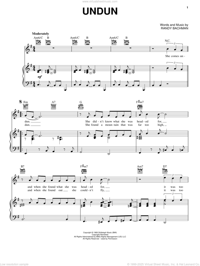 Undun sheet music for voice, piano or guitar by The Guess Who and Randy Bachman, intermediate skill level