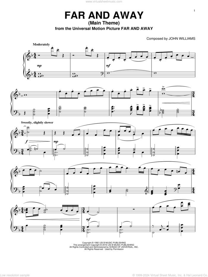 Far And Away (Main Theme), (intermediate) sheet music for piano solo by John Williams, intermediate skill level