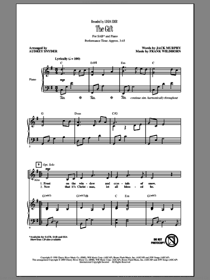 The Gift sheet music for choir (SAB: soprano, alto, bass) by Frank Wildhorn, Audrey Snyder, Linda Eder and Jack Murphy, intermediate skill level