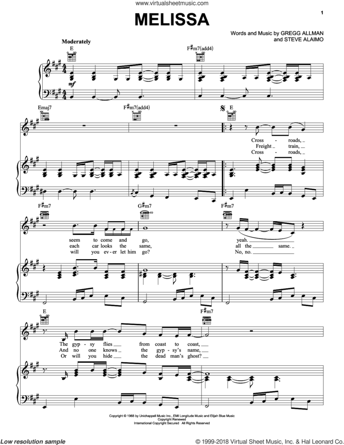 Melissa sheet music for voice, piano or guitar by Allman Brothers, Gregg Allman and Steve Alaimo, intermediate skill level