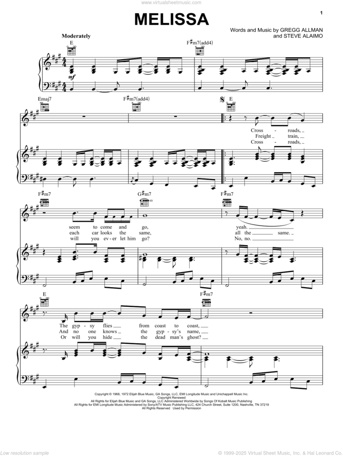 Melissa sheet music for voice, piano or guitar by Allman Brothers, Gregg Allman and Steve Alaimo, intermediate skill level