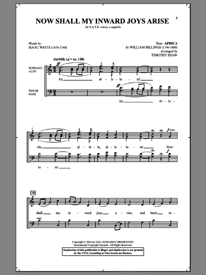 Now Shall My Inward Joys Arise sheet music for choir (SATB: soprano, alto, tenor, bass) by William Billings and Timothy Shaw, intermediate skill level